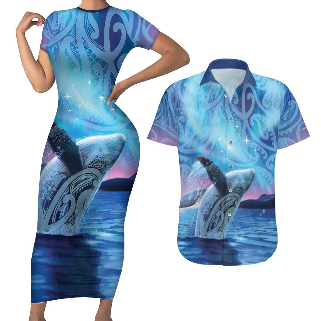New Zealand Matariki Humpback Whale Couples Matching Short Sleeve Bodycon Dress and Hawaiian Shirt Paikea Maori New Year Blue Galaxy