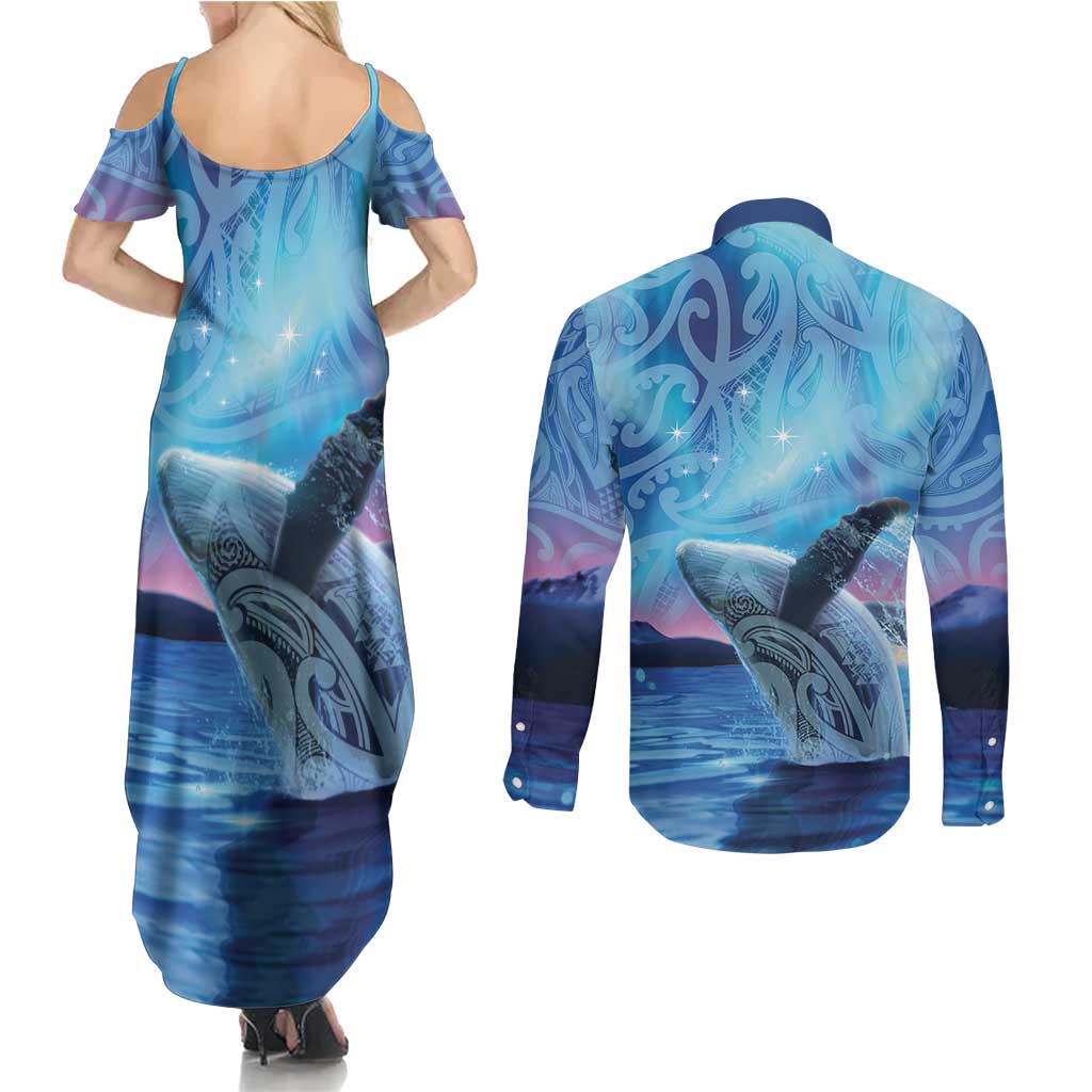 New Zealand Matariki Humpback Whale Couples Matching Summer Maxi Dress and Long Sleeve Button Shirt Paikea Maori New Year Blue Galaxy