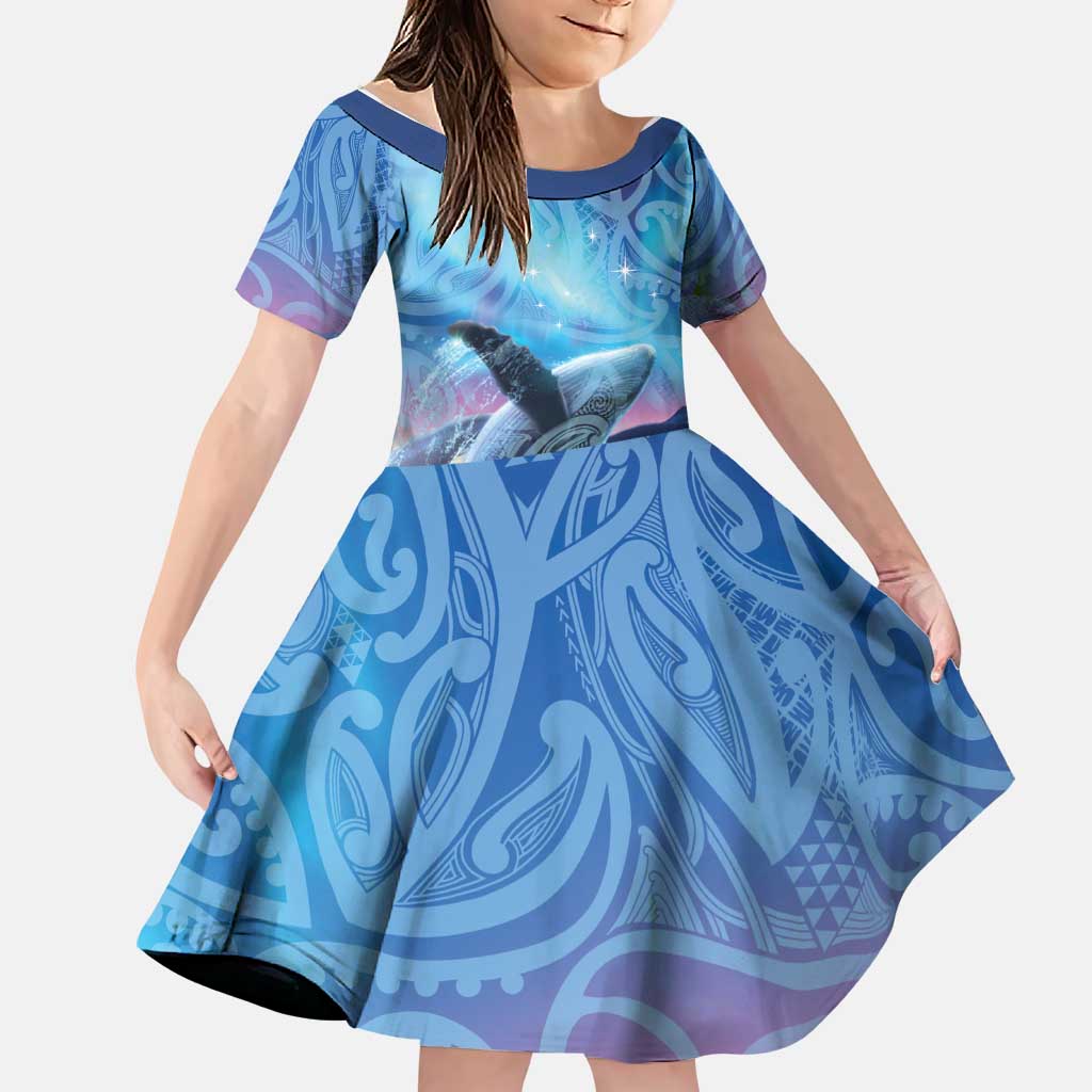 New Zealand Matariki Humpback Whale Family Matching Long Sleeve Bodycon Dress and Hawaiian Shirt Paikea Maori New Year Blue Galaxy