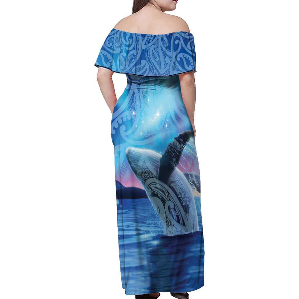 New Zealand Matariki Humpback Whale Family Matching Off Shoulder Maxi Dress and Hawaiian Shirt Paikea Maori New Year Blue Galaxy