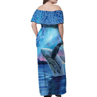New Zealand Matariki Humpback Whale Family Matching Off Shoulder Maxi Dress and Hawaiian Shirt Paikea Maori New Year Blue Galaxy
