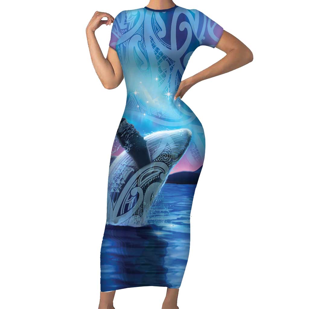 New Zealand Matariki Humpback Whale Family Matching Short Sleeve Bodycon Dress and Hawaiian Shirt Paikea Maori New Year Blue Galaxy