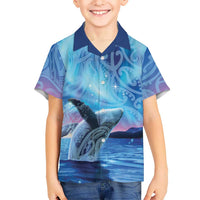 New Zealand Matariki Humpback Whale Family Matching Short Sleeve Bodycon Dress and Hawaiian Shirt Paikea Maori New Year Blue Galaxy