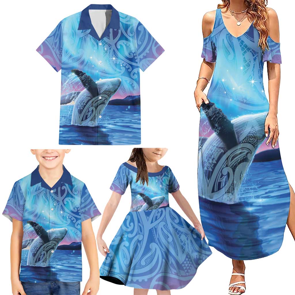 New Zealand Matariki Humpback Whale Family Matching Summer Maxi Dress and Hawaiian Shirt Paikea Maori New Year Blue Galaxy