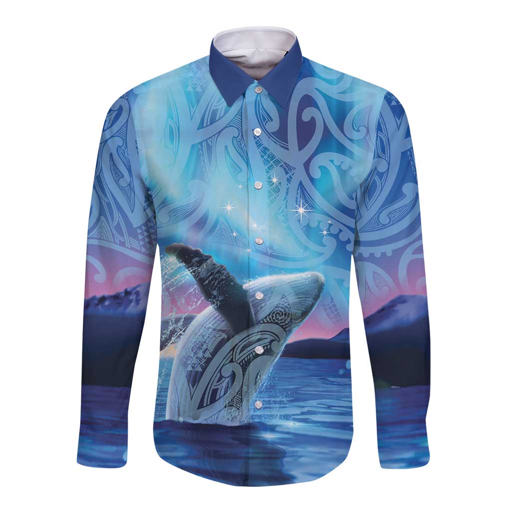 New Zealand Matariki Humpback Whale Long Sleeve Button Shirt Paikea Maori New Year Blue Galaxy