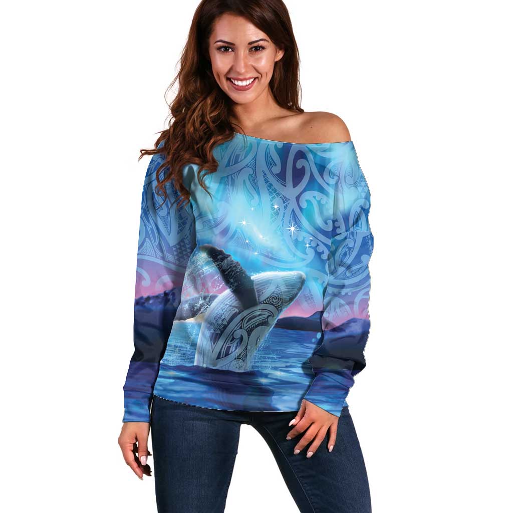 New Zealand Matariki Humpback Whale Off Shoulder Sweater Paikea Maori New Year Blue Galaxy