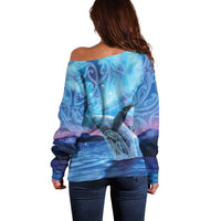 New Zealand Matariki Humpback Whale Off Shoulder Sweater Paikea Maori New Year Blue Galaxy