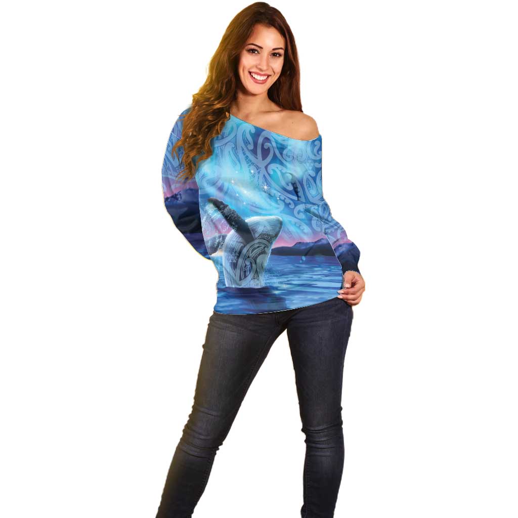 New Zealand Matariki Humpback Whale Off Shoulder Sweater Paikea Maori New Year Blue Galaxy