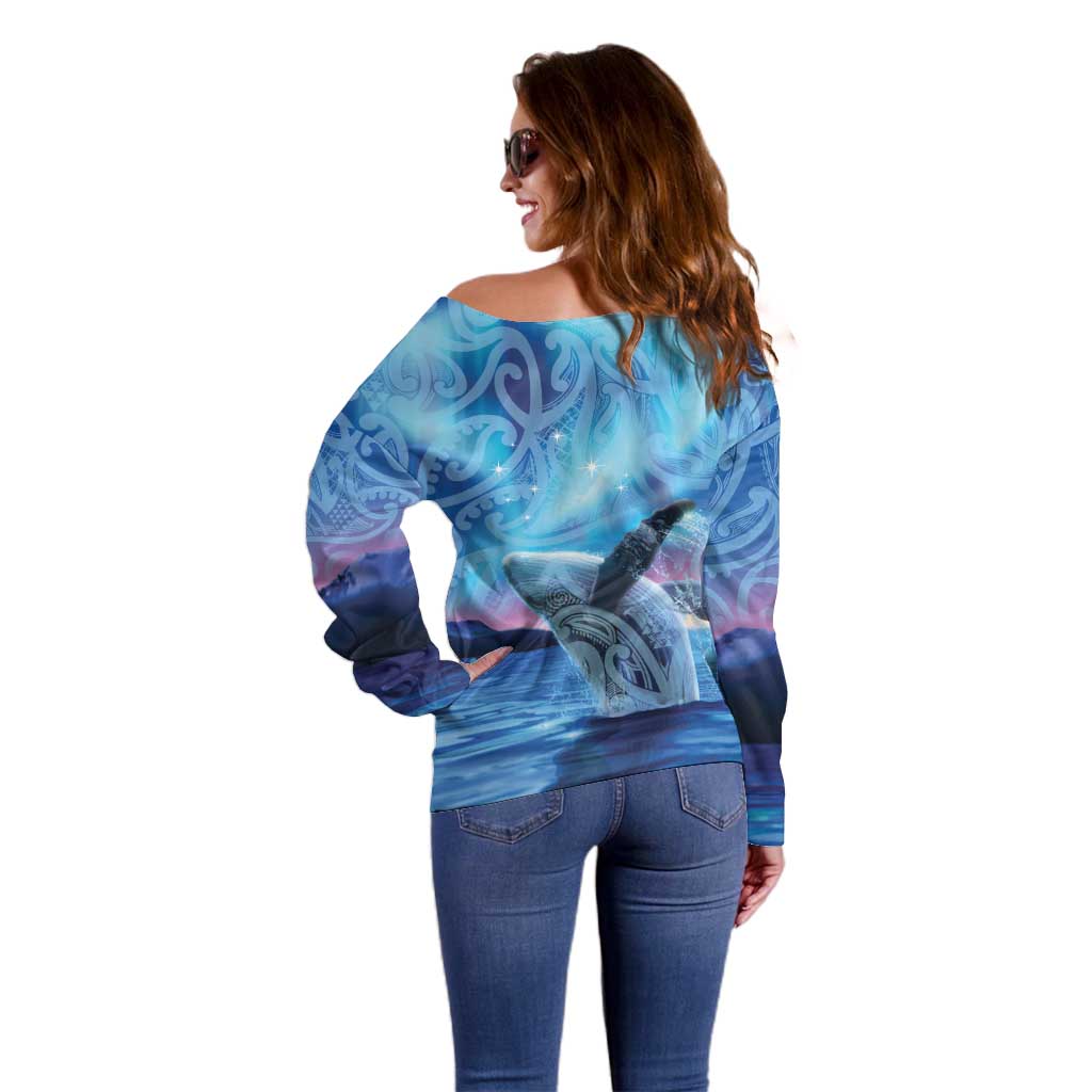 New Zealand Matariki Humpback Whale Off Shoulder Sweater Paikea Maori New Year Blue Galaxy