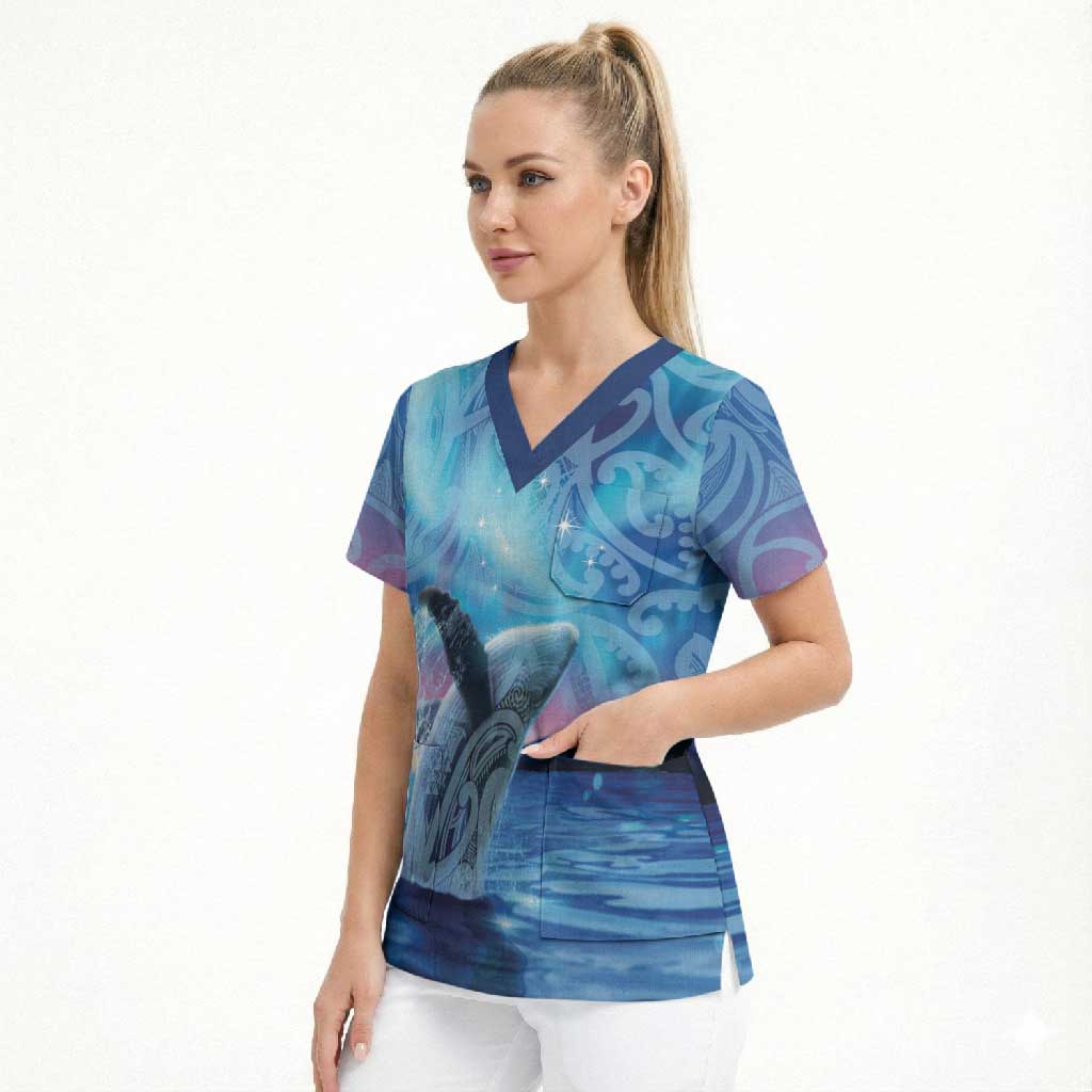 New Zealand Matariki Humpback Whale Scrub Top Paikea Maori New Year Blue Galaxy LT14 - Polynesian Pride