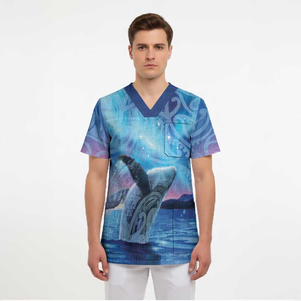 New Zealand Matariki Humpback Whale Scrub Top Paikea Maori New Year Blue Galaxy LT14 - Polynesian Pride
