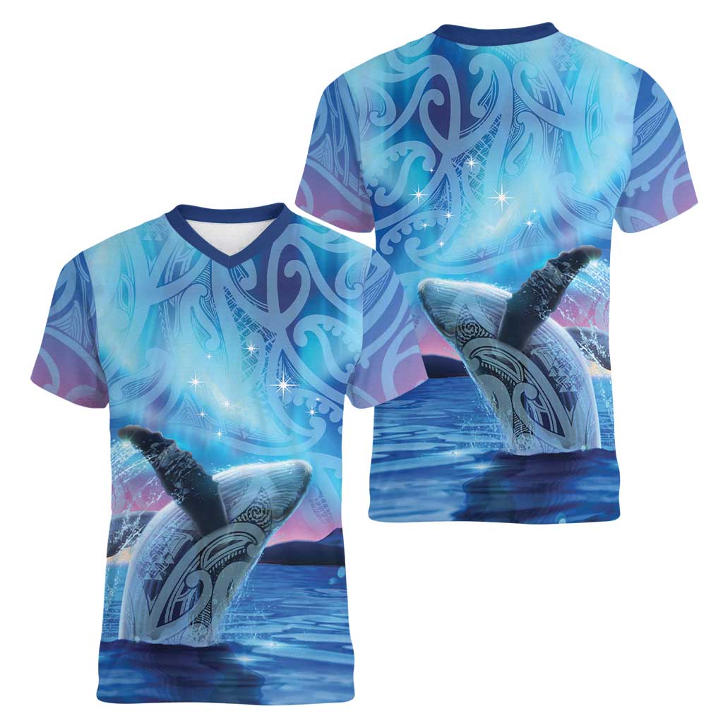 New Zealand Matariki Humpback Whale Women V-Neck T-Shirt Paikea Maori New Year Blue Galaxy