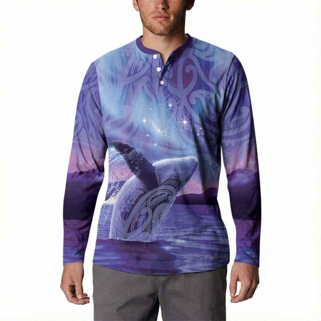 New Zealand Matariki Humpback Whale Button Sweatshirt Paikea Maori New Year Purple Galaxy LT14 - Polynesian Pride