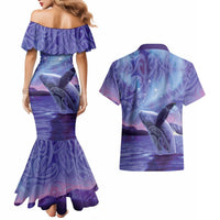 New Zealand Matariki Humpback Whale Couples Matching Mermaid Dress and Hawaiian Shirt Paikea Maori New Year Purple Galaxy