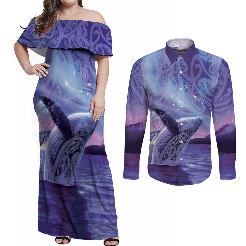 New Zealand Matariki Humpback Whale Couples Matching Off Shoulder Maxi Dress and Long Sleeve Button Shirt Paikea Maori New Year Purple Galaxy