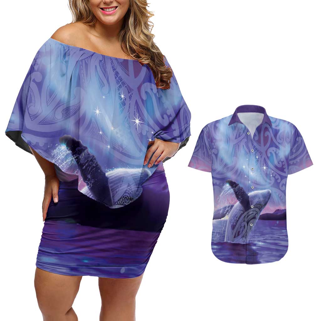New Zealand Matariki Humpback Whale Couples Matching Off Shoulder Short Dress and Hawaiian Shirt Paikea Maori New Year Purple Galaxy