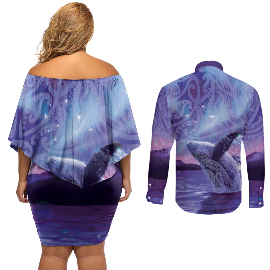 New Zealand Matariki Humpback Whale Couples Matching Off Shoulder Short Dress and Long Sleeve Button Shirt Paikea Maori New Year Purple Galaxy