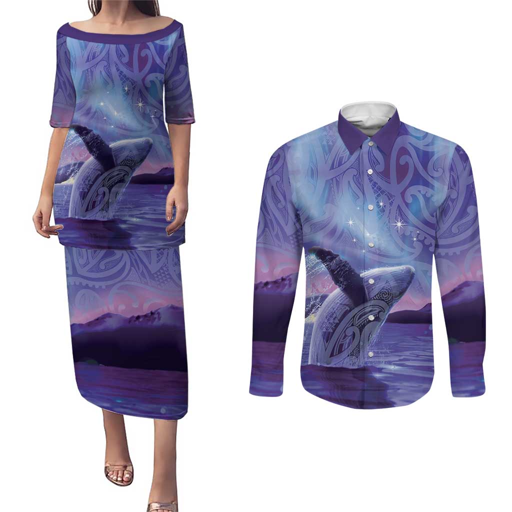 New Zealand Matariki Humpback Whale Couples Matching Puletasi and Long Sleeve Button Shirt Paikea Maori New Year Purple Galaxy