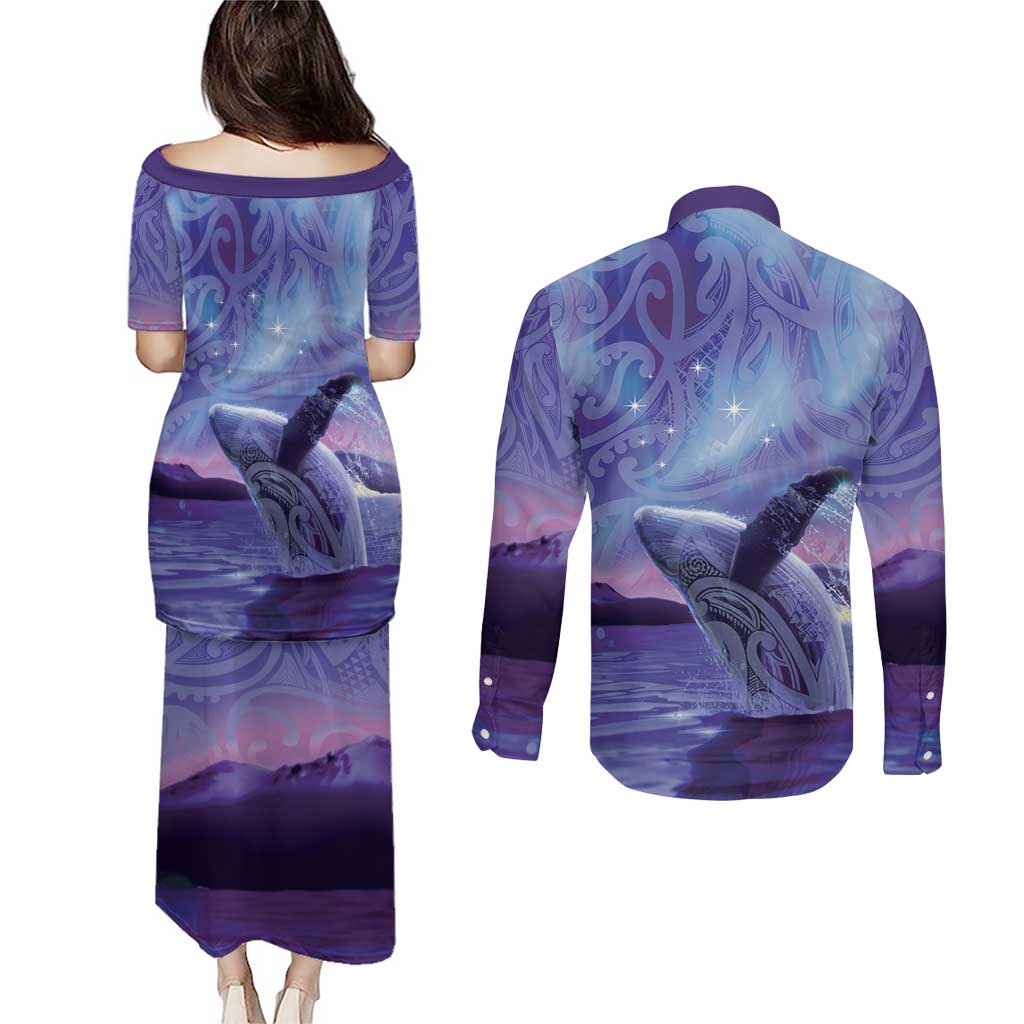 New Zealand Matariki Humpback Whale Couples Matching Puletasi and Long Sleeve Button Shirt Paikea Maori New Year Purple Galaxy