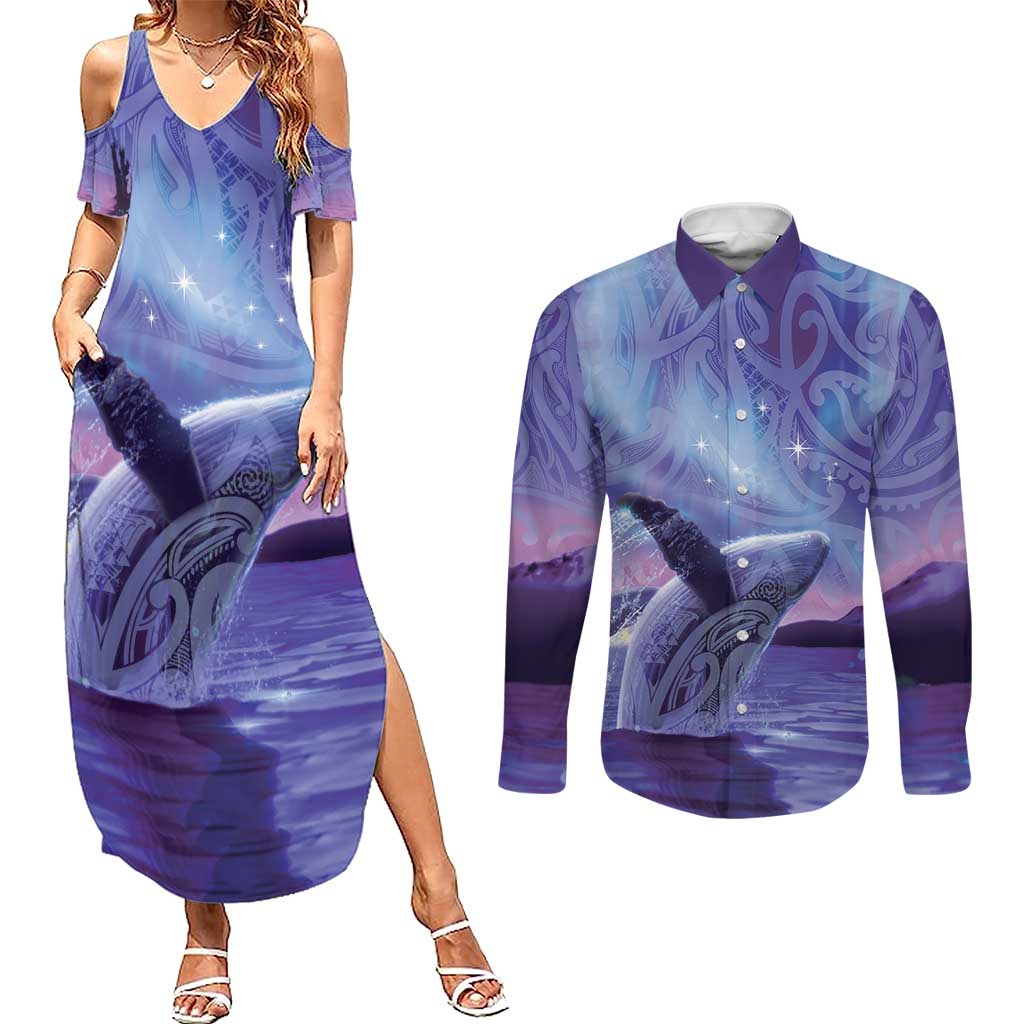 New Zealand Matariki Humpback Whale Couples Matching Summer Maxi Dress and Long Sleeve Button Shirt Paikea Maori New Year Purple Galaxy
