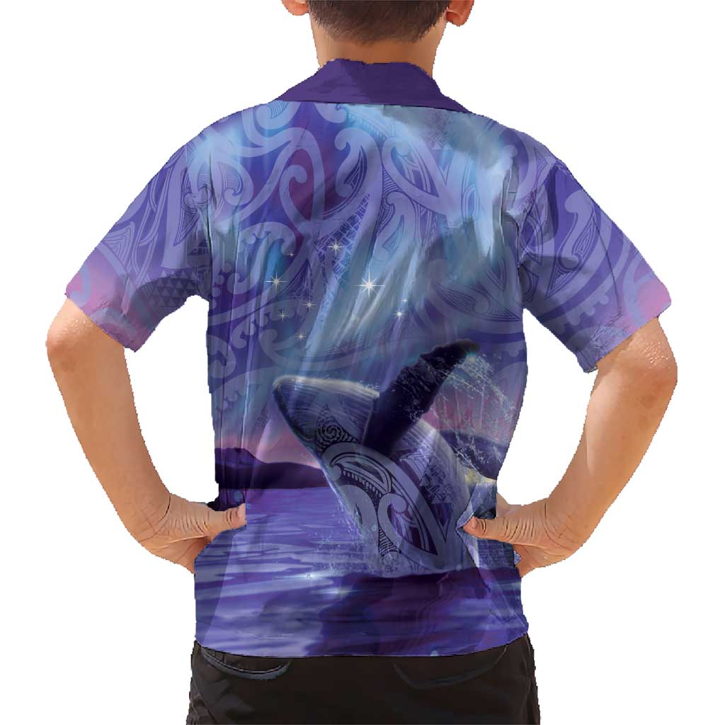 New Zealand Matariki Humpback Whale Family Matching Long Sleeve Bodycon Dress and Hawaiian Shirt Paikea Maori New Year Purple Galaxy