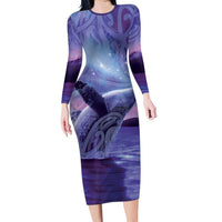 New Zealand Matariki Humpback Whale Family Matching Long Sleeve Bodycon Dress and Hawaiian Shirt Paikea Maori New Year Purple Galaxy