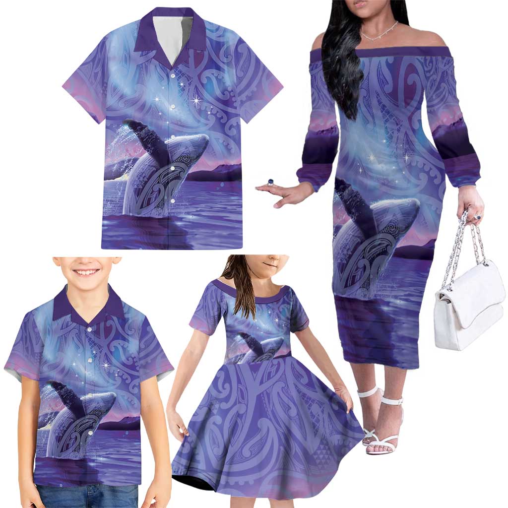 New Zealand Matariki Humpback Whale Family Matching Off The Shoulder Long Sleeve Dress and Hawaiian Shirt Paikea Maori New Year Purple Galaxy