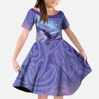 New Zealand Matariki Humpback Whale Family Matching Off Shoulder Maxi Dress and Hawaiian Shirt Paikea Maori New Year Purple Galaxy