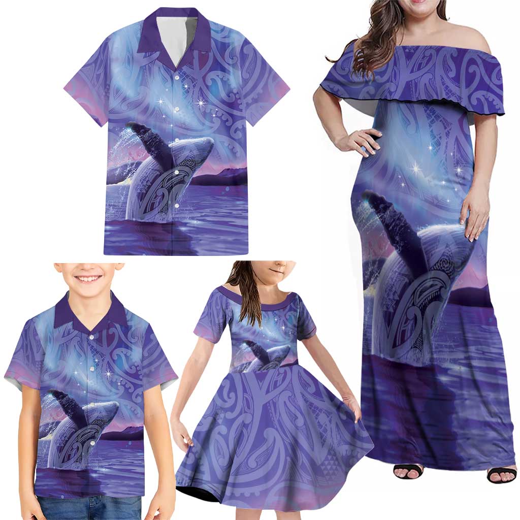 New Zealand Matariki Humpback Whale Family Matching Off Shoulder Maxi Dress and Hawaiian Shirt Paikea Maori New Year Purple Galaxy