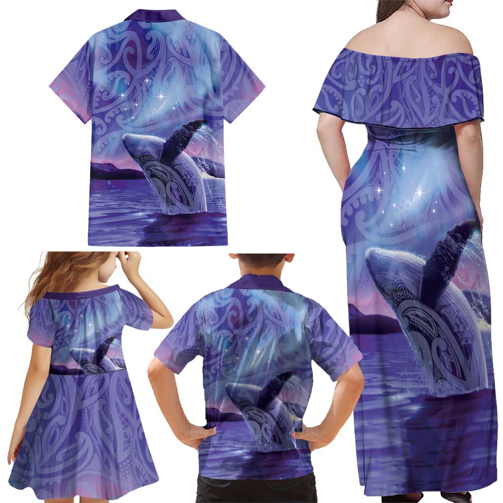 New Zealand Matariki Humpback Whale Family Matching Off Shoulder Maxi Dress and Hawaiian Shirt Paikea Maori New Year Purple Galaxy