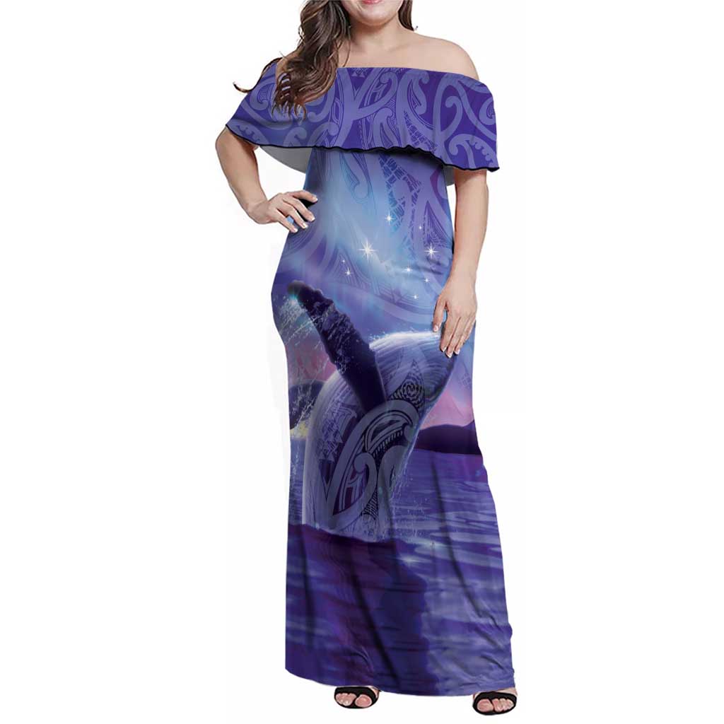 New Zealand Matariki Humpback Whale Family Matching Off Shoulder Maxi Dress and Hawaiian Shirt Paikea Maori New Year Purple Galaxy