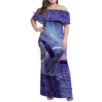 New Zealand Matariki Humpback Whale Family Matching Off Shoulder Maxi Dress and Hawaiian Shirt Paikea Maori New Year Purple Galaxy