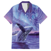 New Zealand Matariki Humpback Whale Family Matching Off Shoulder Short Dress and Hawaiian Shirt Paikea Maori New Year Purple Galaxy