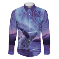 New Zealand Matariki Humpback Whale Family Matching Off Shoulder Short Dress and Hawaiian Shirt Paikea Maori New Year Purple Galaxy