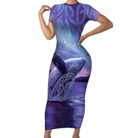New Zealand Matariki Humpback Whale Family Matching Short Sleeve Bodycon Dress and Hawaiian Shirt Paikea Maori New Year Purple Galaxy
