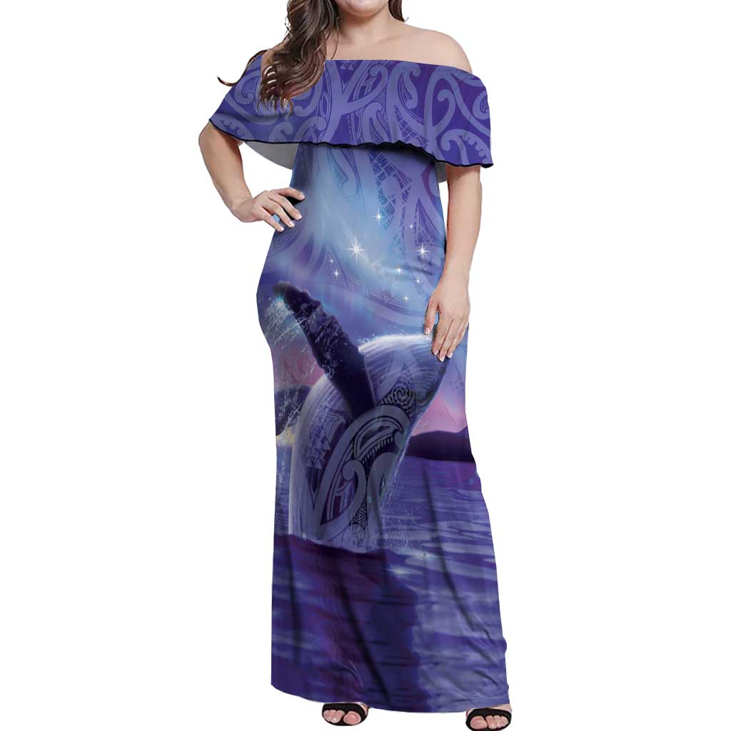 New Zealand Matariki Humpback Whale Off Shoulder Maxi Dress Paikea Maori New Year Purple Galaxy
