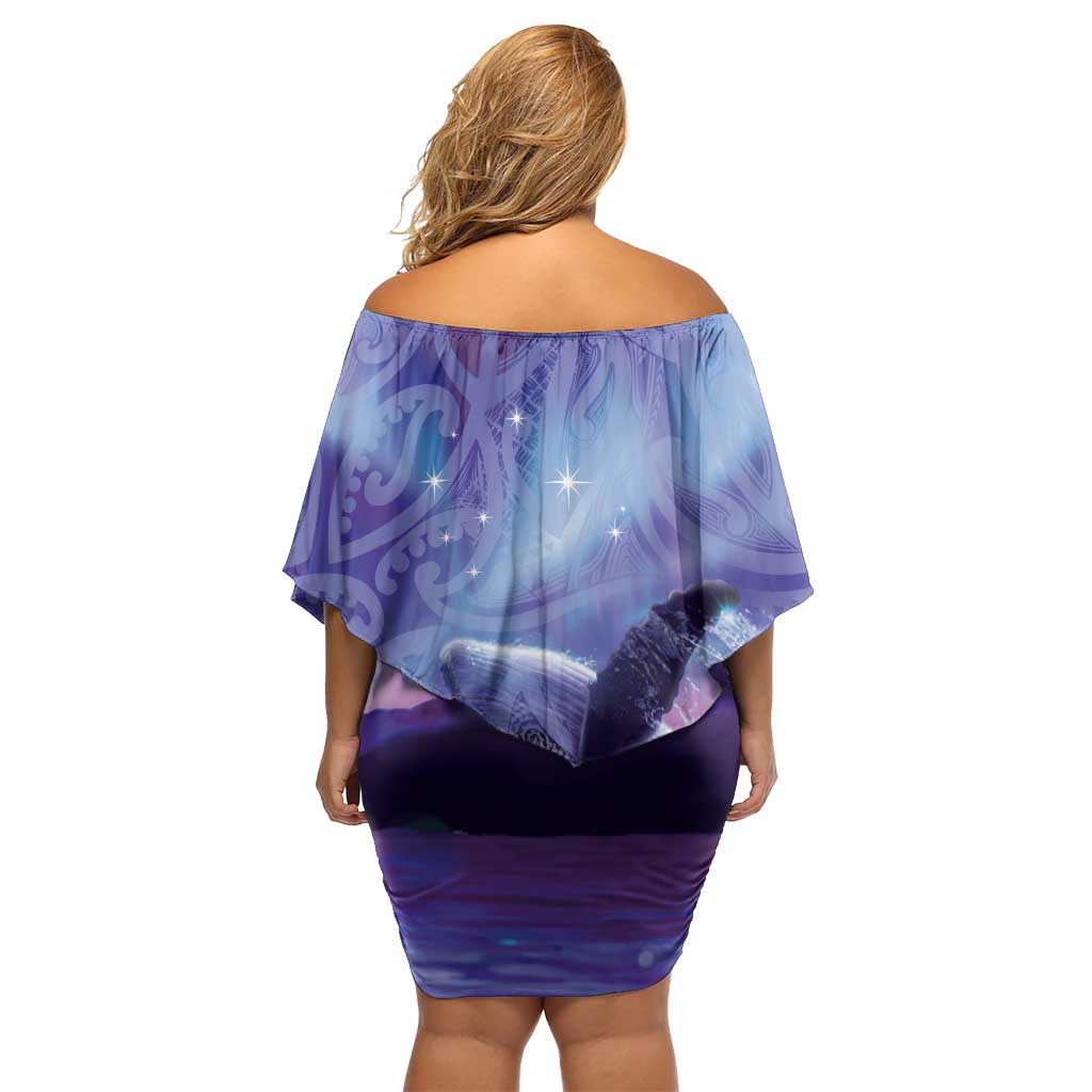 New Zealand Matariki Humpback Whale Off Shoulder Short Dress Paikea Maori New Year Purple Galaxy