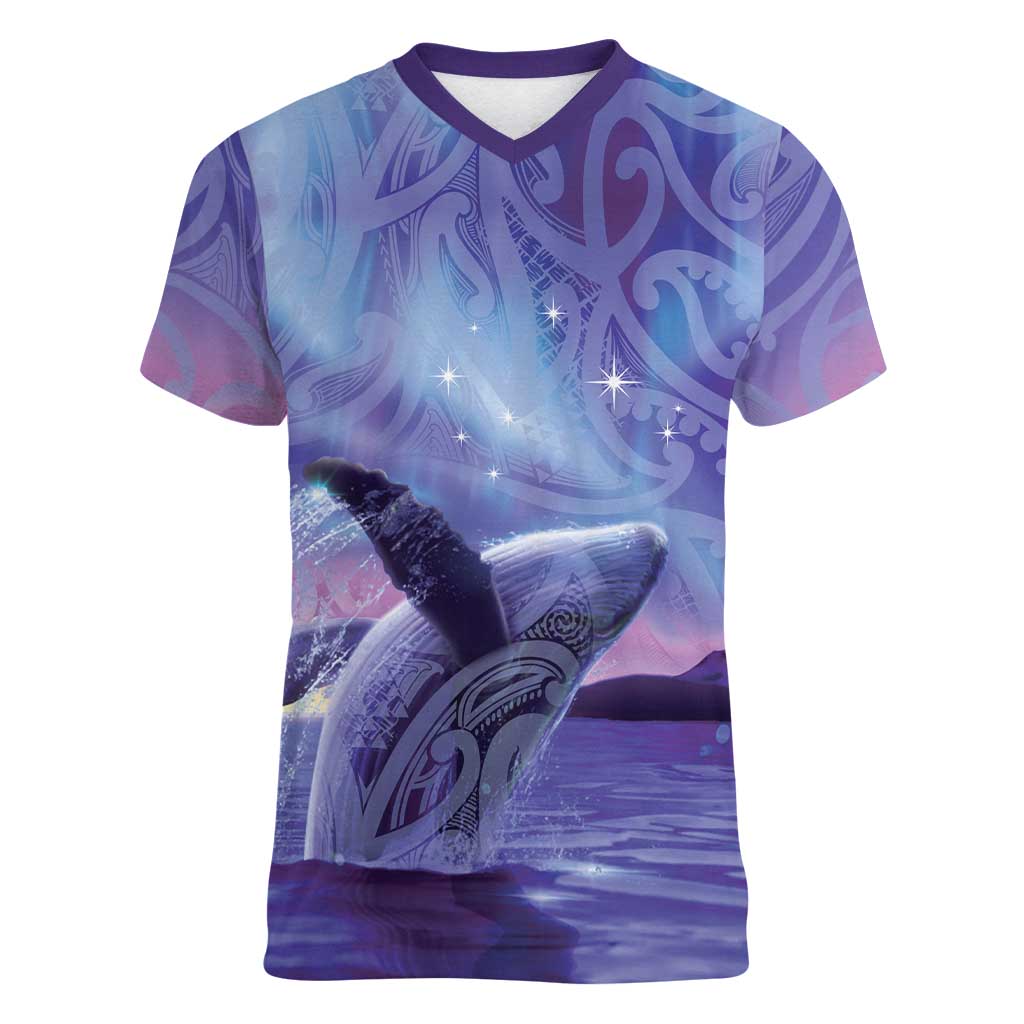 New Zealand Matariki Humpback Whale Women V-Neck T-Shirt Paikea Maori New Year Purple Galaxy
