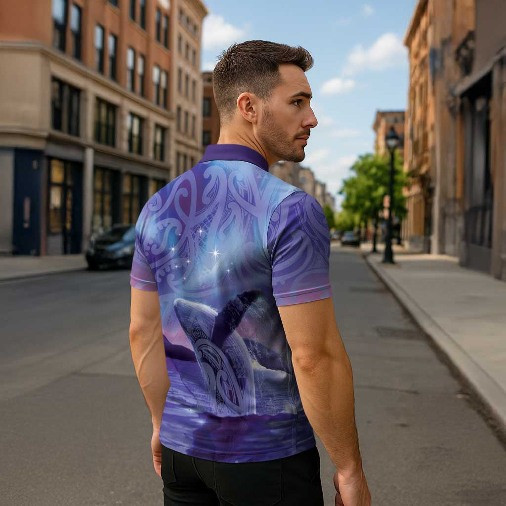 New Zealand Matariki Humpback Whale Zipper Polo Shirt Paikea Maori New Year Purple Galaxy