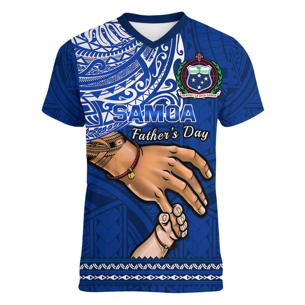 Polynesian Pride Father Day Samoa Women V Neck T Shirt Manuia le Aso Sa o Tama Blue Version LT14 Female Blue - Polynesian Pride