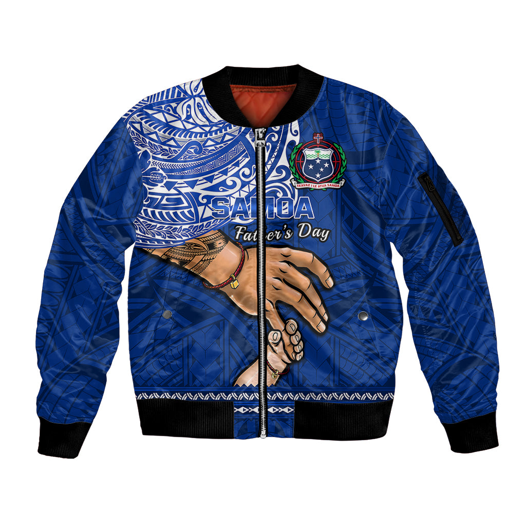 Personalised Father Day Samoa Sleeve Zip Bomber Jacket Manuia le Aso Sa o Tama Blue Version LT14 Unisex Blue - Polynesian Pride