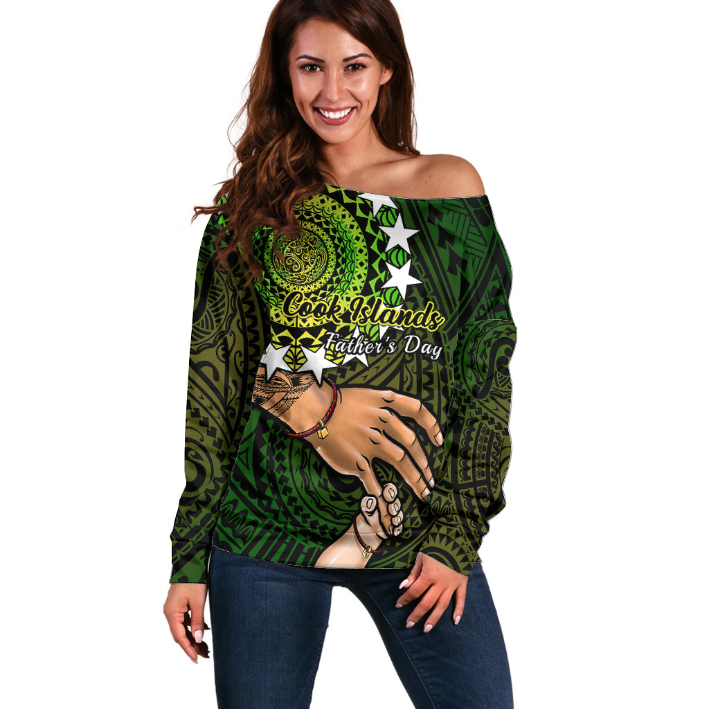 Polynesian Pride Father Day Cook Islands Off Shoulder Sweater I Love You Dad Kuki Airani Turtle Pattern LT14 Women Green - Polynesian Pride