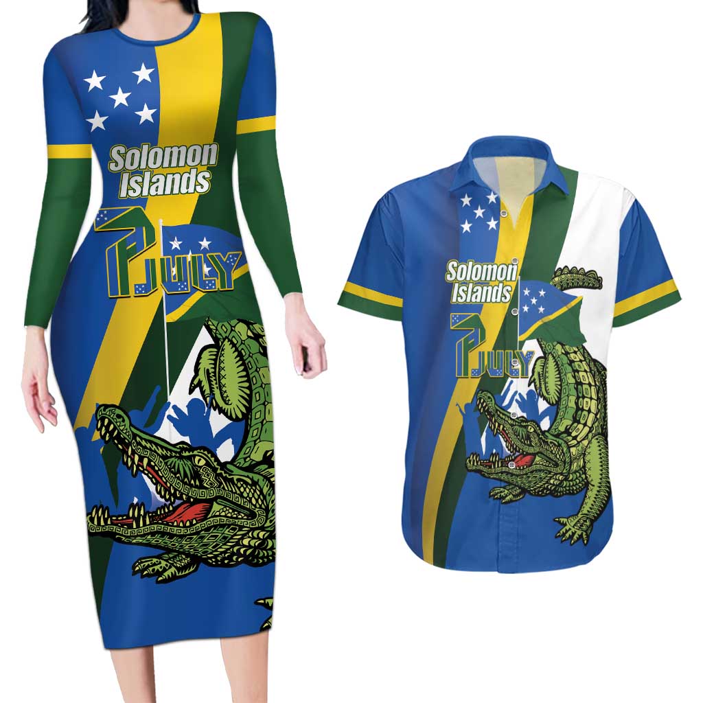 Solomon Islands Independence Day Couples Matching Long Sleeve Bodycon Dress and Hawaiian Shirt Happy 7 July Crocodile Flag Style