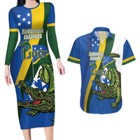 Solomon Islands Independence Day Couples Matching Long Sleeve Bodycon Dress and Hawaiian Shirt Happy 7 July Crocodile Flag Style