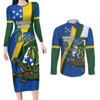 Solomon Islands Independence Day Couples Matching Long Sleeve Bodycon Dress and Long Sleeve Button Shirt Happy 7 July Crocodile Flag Style