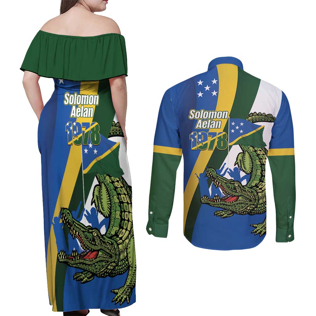 Solomon Islands Independence Day Couples Matching Off Shoulder Maxi Dress and Long Sleeve Button Shirt Happy 7 July Crocodile Flag Style
