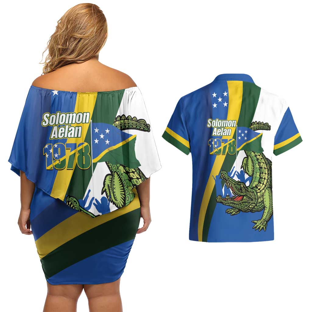 Solomon Islands Independence Day Couples Matching Off Shoulder Short Dress and Hawaiian Shirt Happy 7 July Crocodile Flag Style