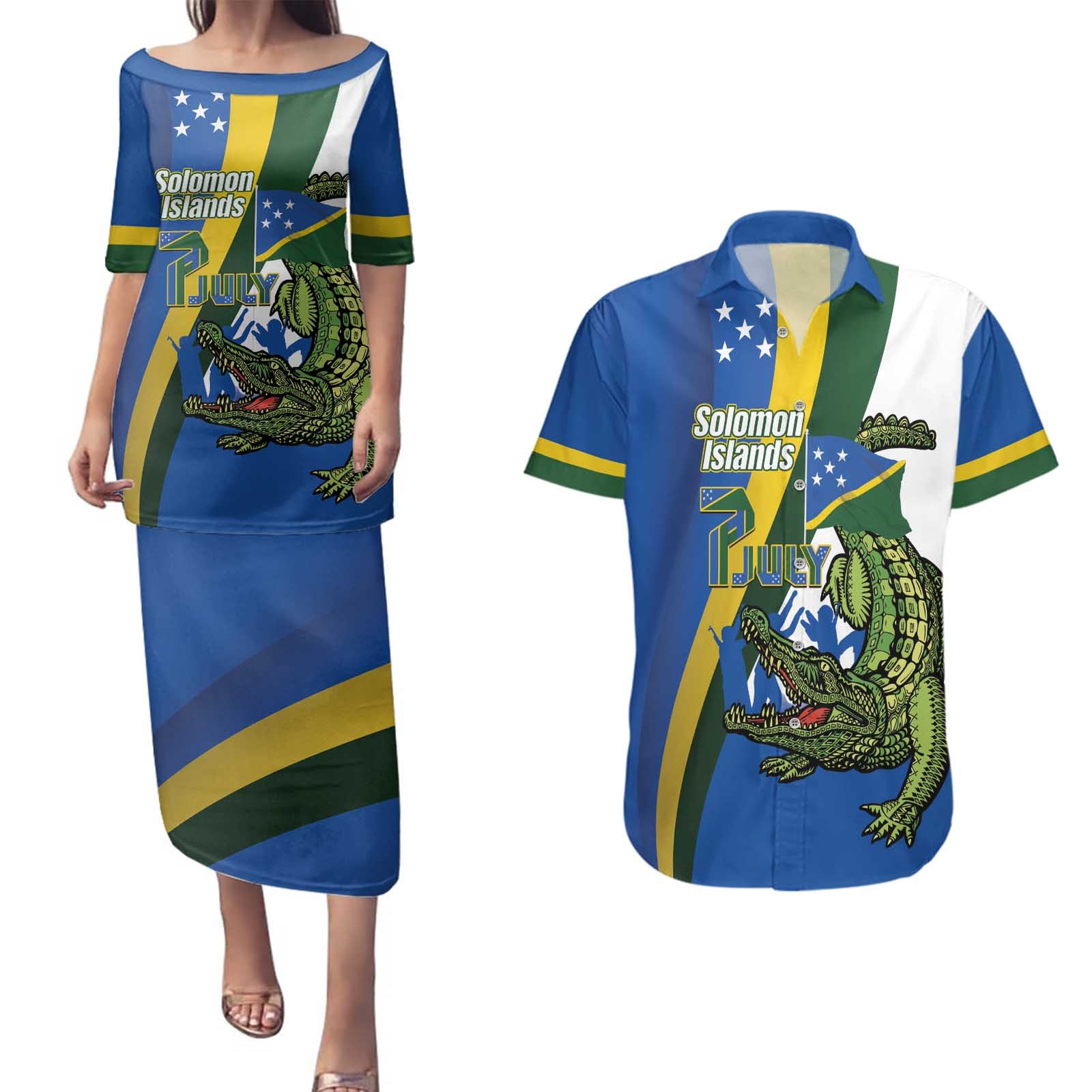 Solomon Islands Independence Day Couples Matching Puletasi and Hawaiian Shirt Happy 7 July Crocodile Flag Style