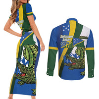 Solomon Islands Independence Day Couples Matching Short Sleeve Bodycon Dress and Long Sleeve Button Shirt Happy 7 July Crocodile Flag Style