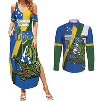 Solomon Islands Independence Day Couples Matching Summer Maxi Dress and Long Sleeve Button Shirt Happy 7 July Crocodile Flag Style